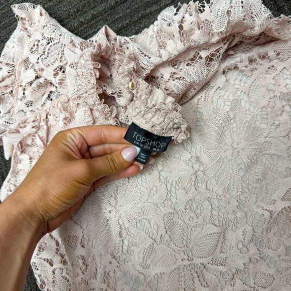 Topshop Blush Pink Lace Top Blouse with Ruffle Sleeves High Neck - Picture 4 of 8